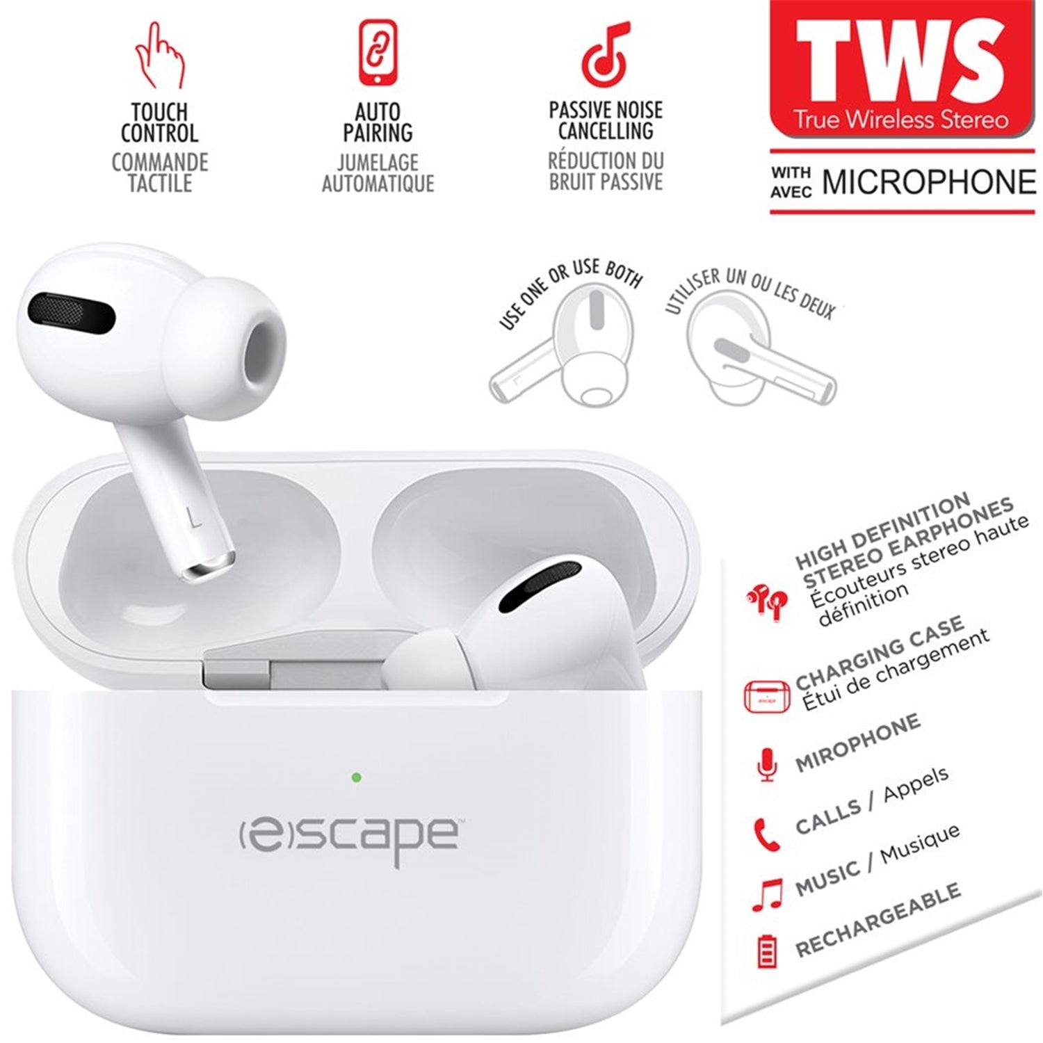 Escape - Wireless In-Ear Headphones, Bluetooth 5.0 with Charging Case, White